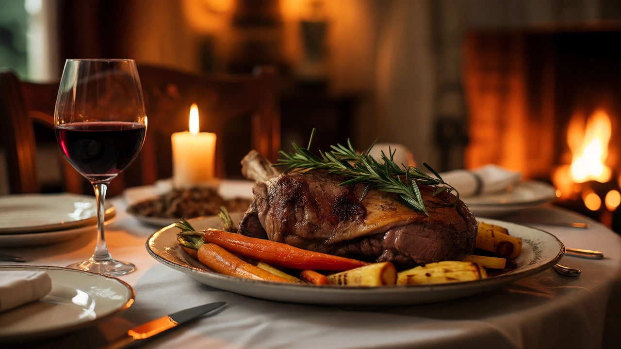 Roasted lamb with root vegetables and red wine in a cozy dining room
