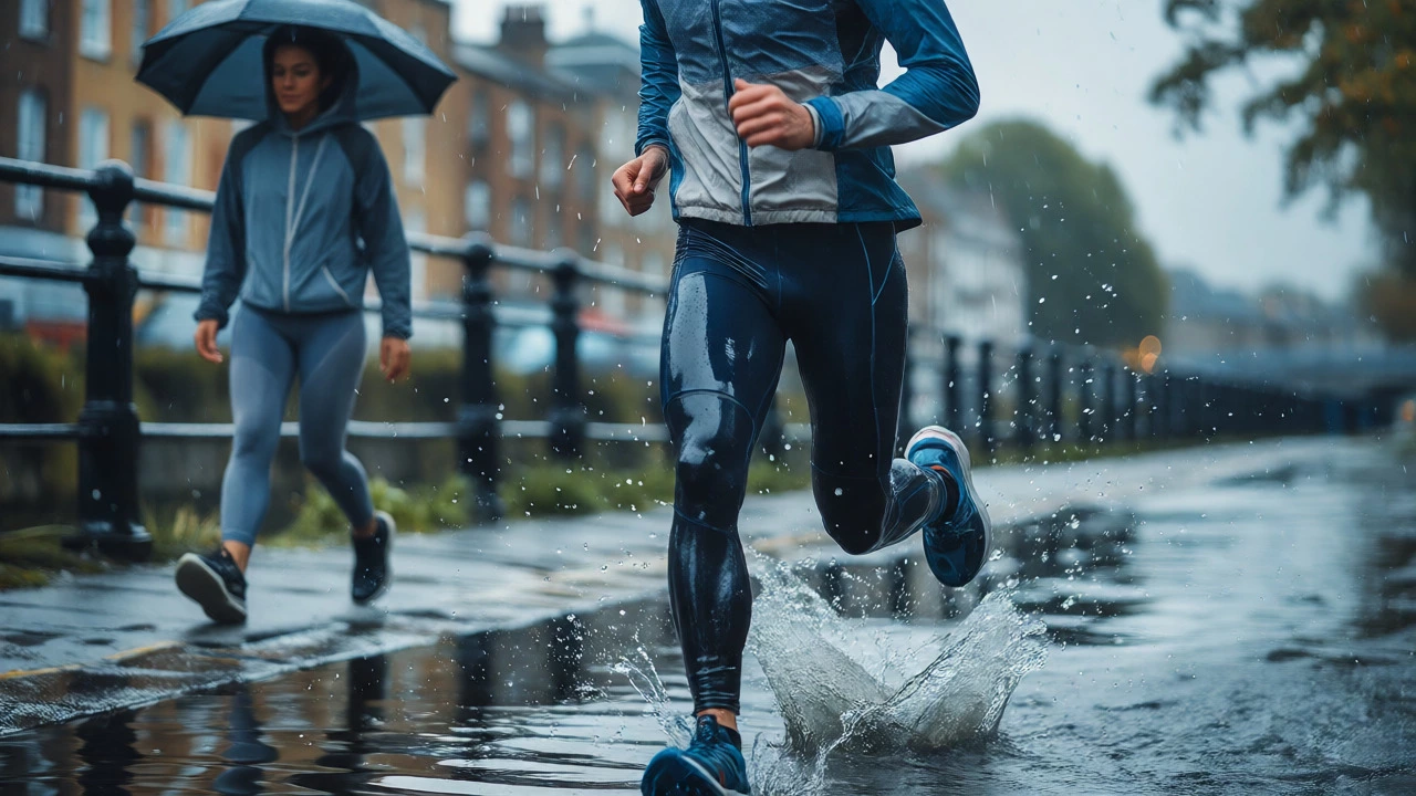 Runner in technical sportswear vs walker in activewear on a rainy Dublin street