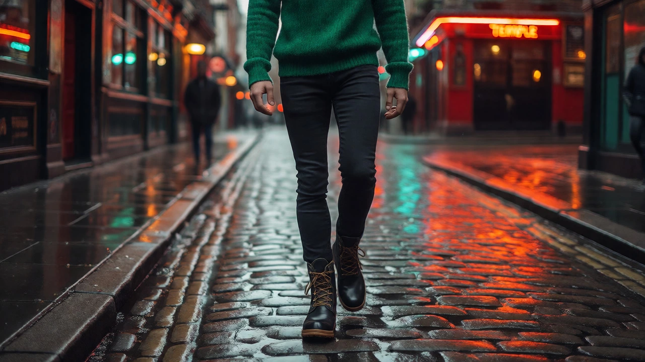 Stylish figure in black jeans and green sweater walking in Dublin rain