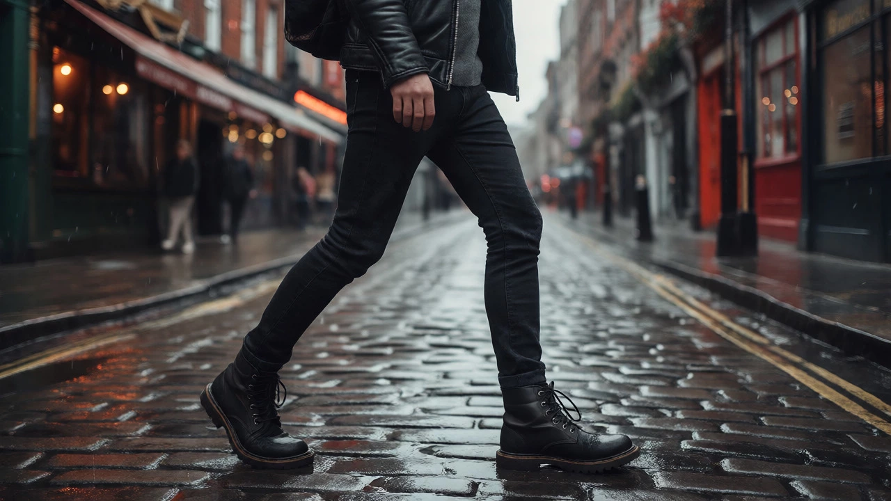 Stylish figure in black jeans walking on wet Dublin streets