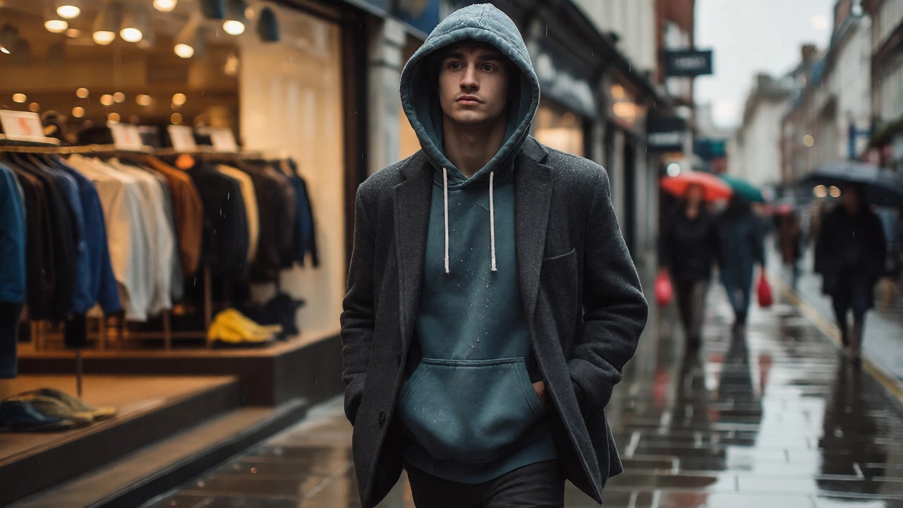 Stylish individual in vintage hoodie walking through rainy Dublin streets