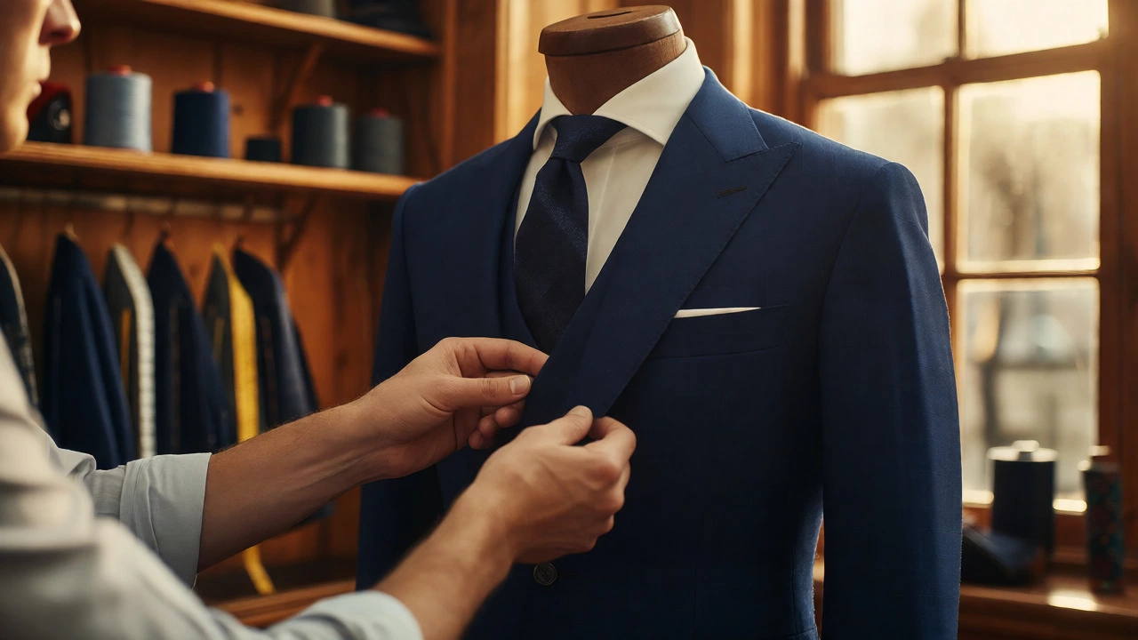 Tailor adjusting a high-quality navy wool suit in a warm workshop.