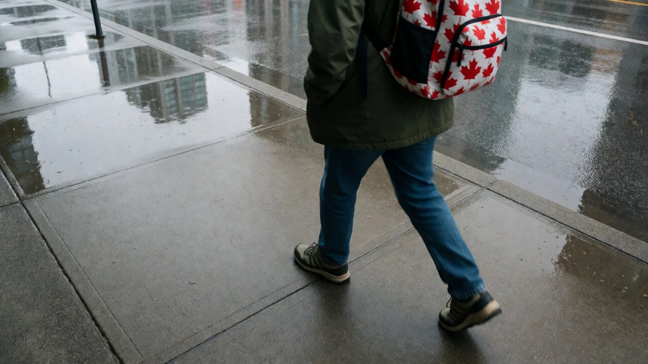 Traveller in sneakers walking on wet Vancouver streets in the rain