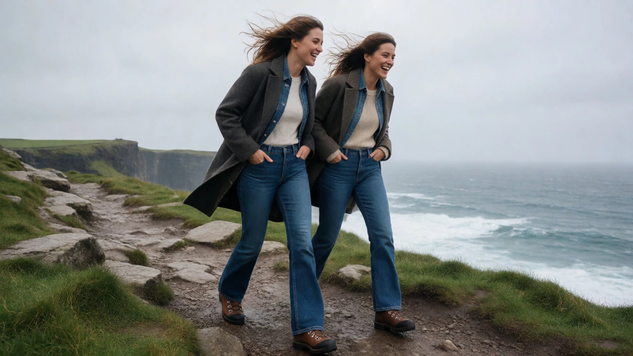 Two friends in practical denim hiking along the windy coast of the Cliffs of Moher.