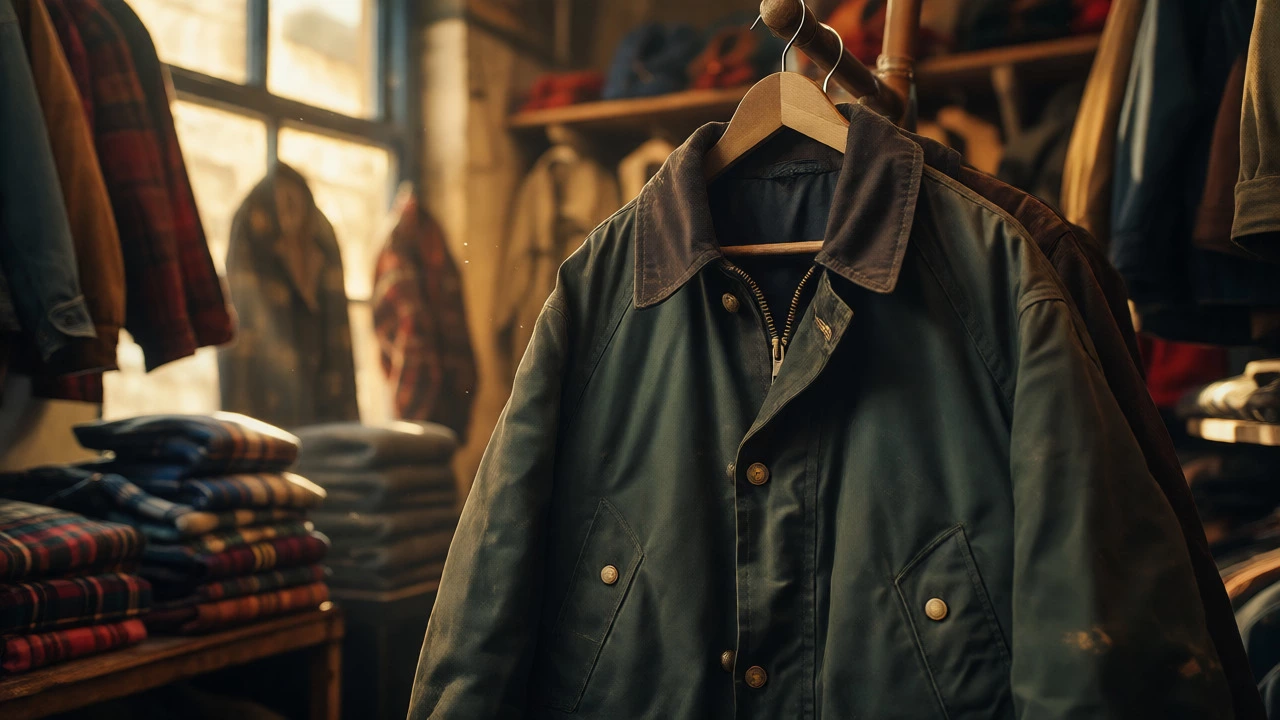 Vintage green waxed cotton jacket hanging in a sunlit Dublin charity shop.