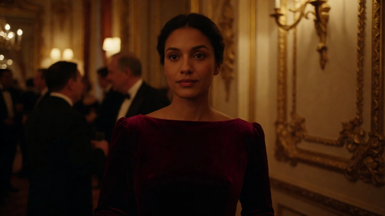 Woman in a burgundy velvet gown under warm chandelier lights at a Dublin gala.