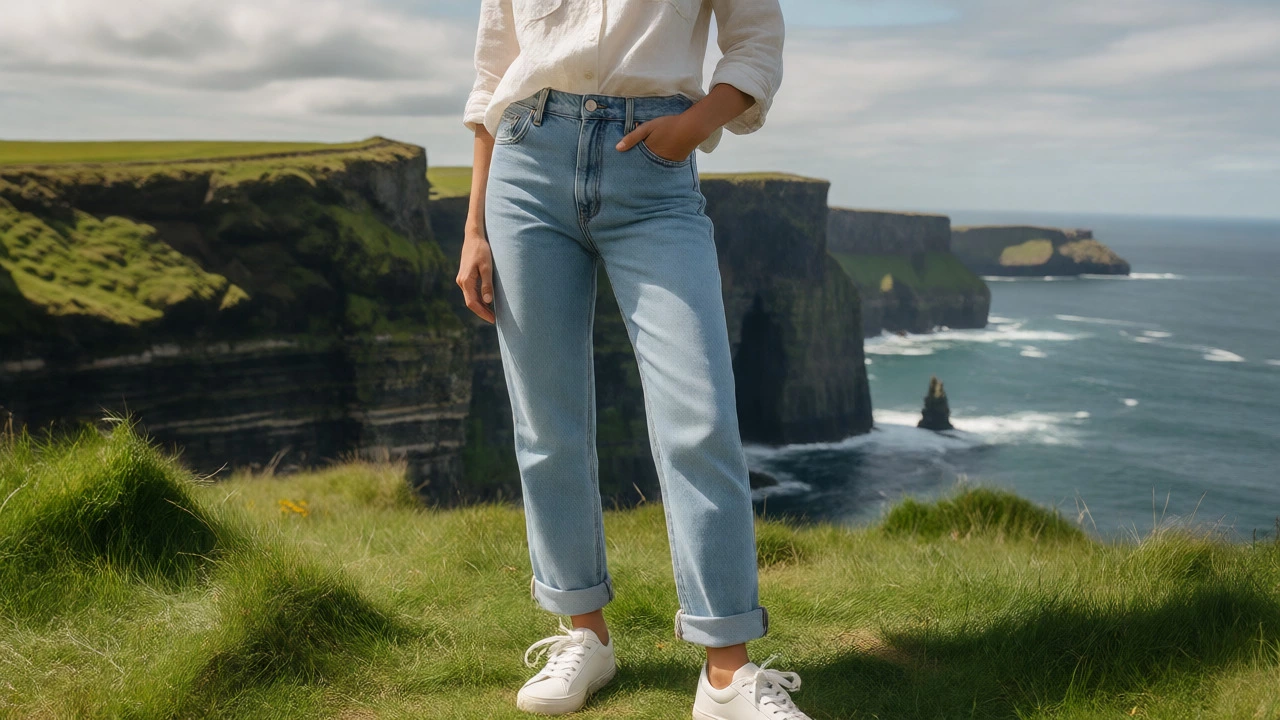 Woman in light blue jeans standing by the Cliffs of Moher on a sunny day