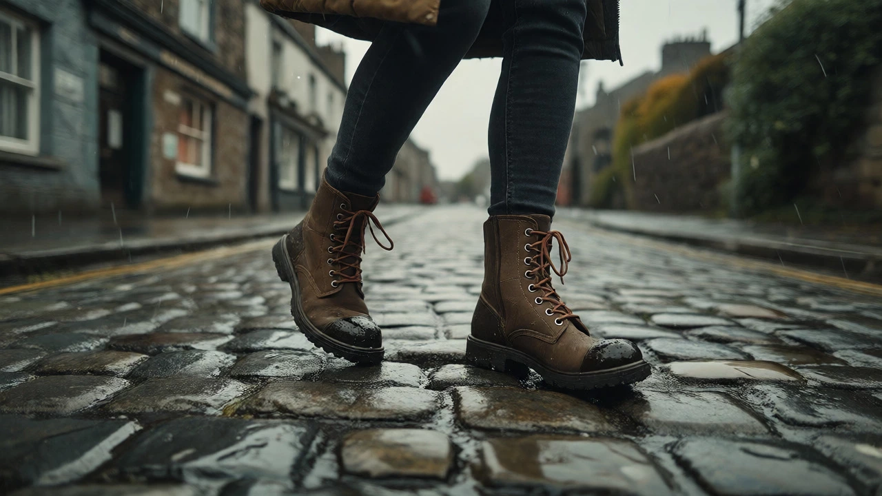 Woman walking in waterproof boots on wet cobblestones in Ireland