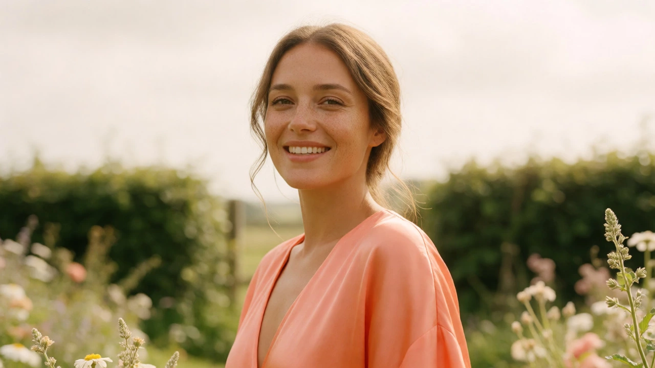 Woman with warm undertones in a coral dress at an outdoor Irish garden wedding.