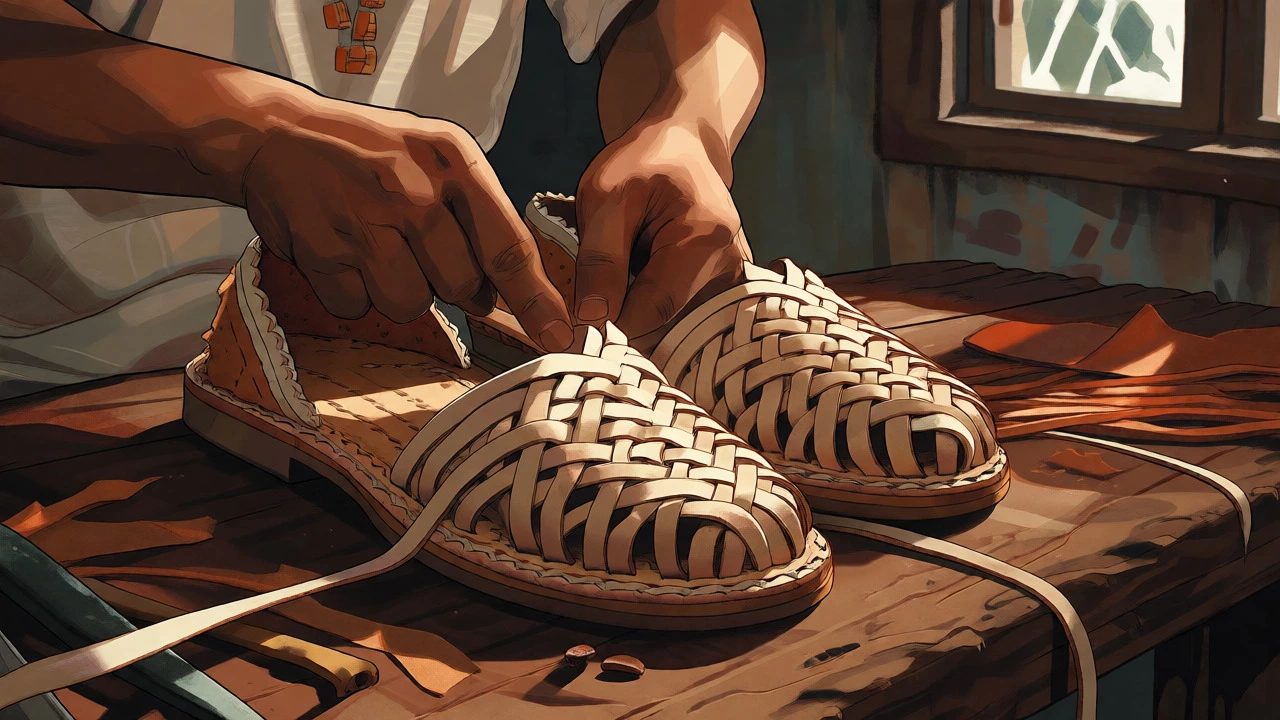 Artisan hands weaving traditional leather huarache sandals at a wooden workbench.