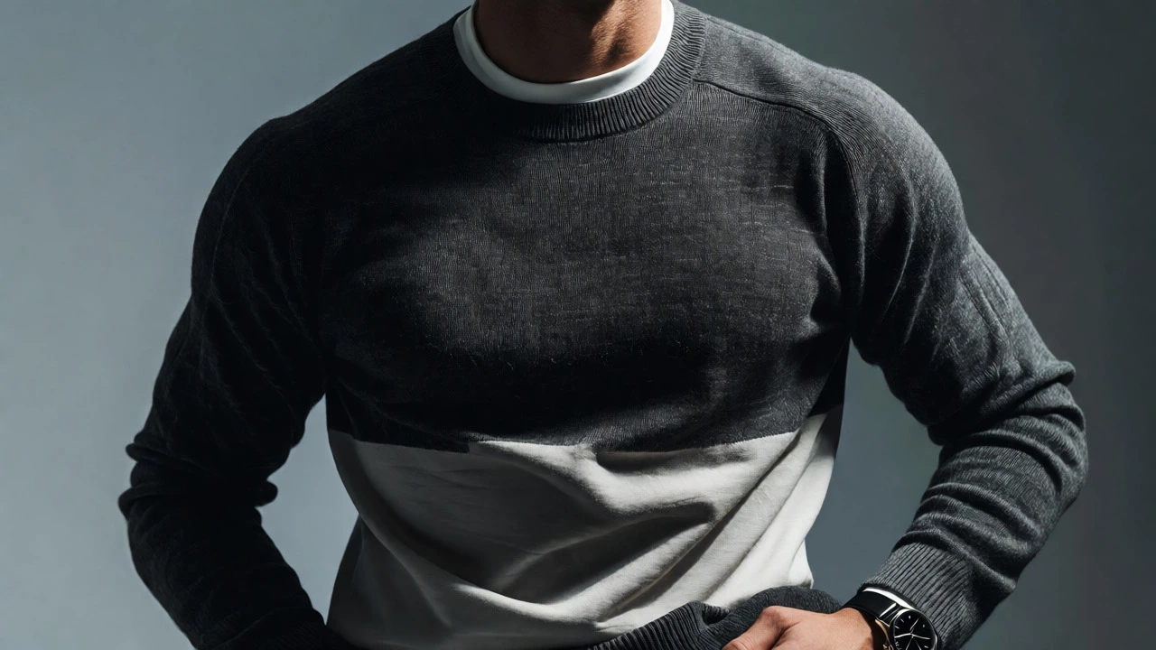 Close-up of charcoal grey knit enhancing perceived bulk