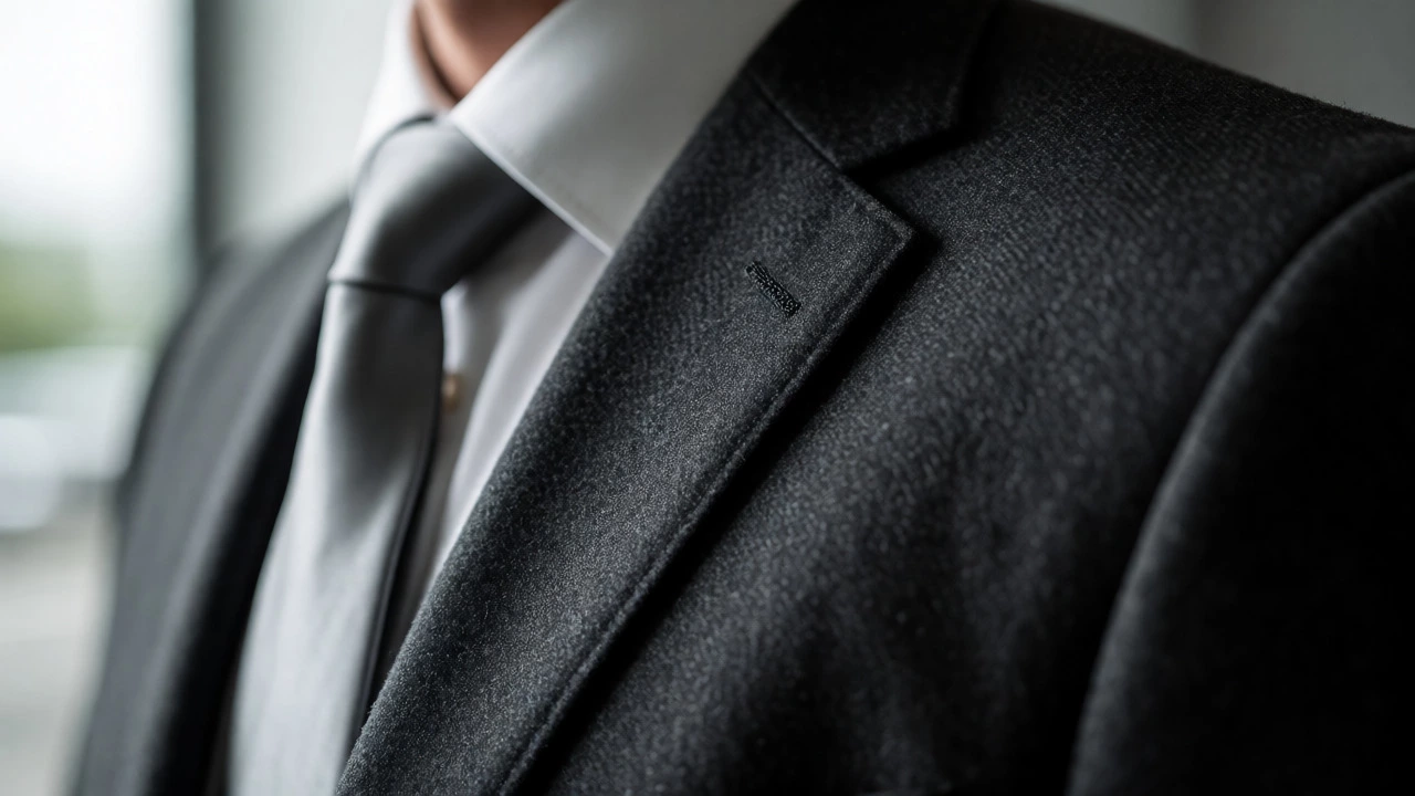 Close-up of charcoal grey suit with white shirt and silver tie in office