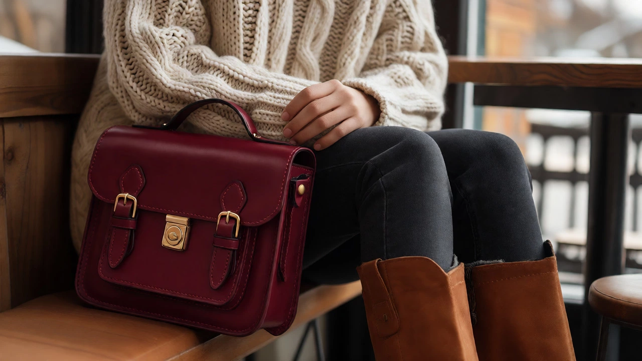 Close-up of chunky knit sweater, burgundy bag, and cognac boots with skinny jeans