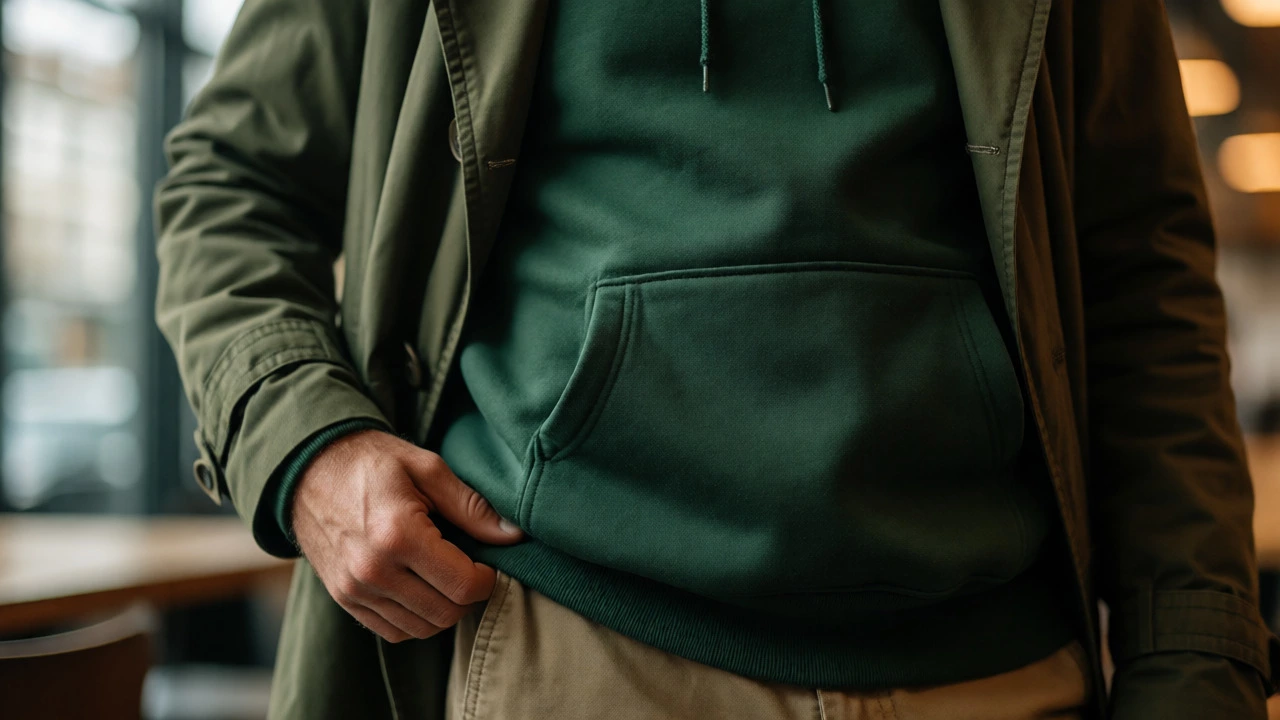 Close-up of mature man in green hoodie under trench coat showing fabric quality