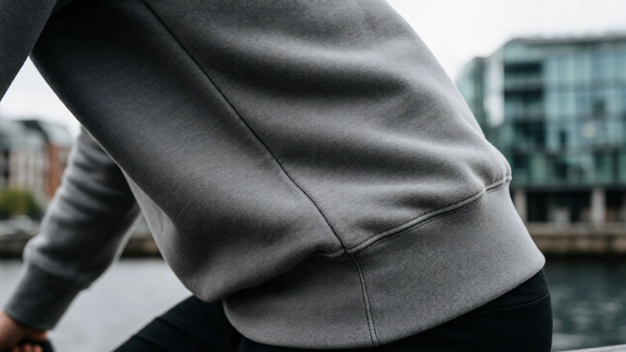 Close-up of textured crewneck sweatshirt while cycling in Dublin