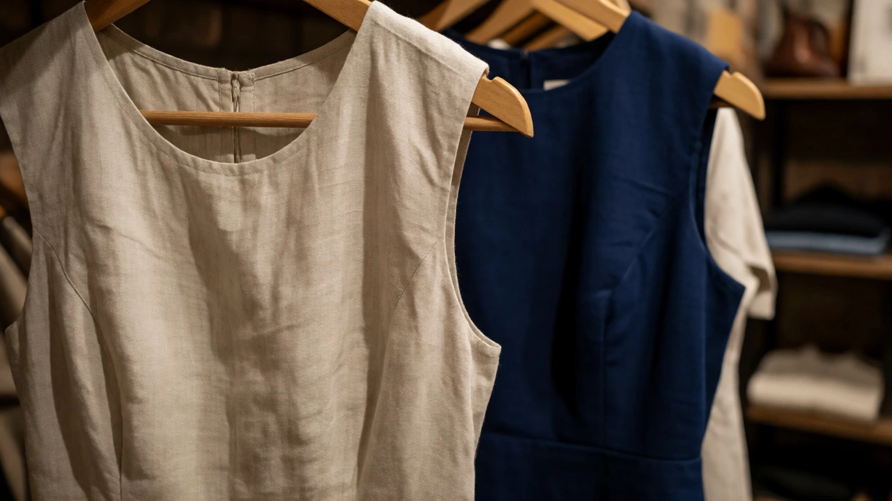 Close-up of textured linen and smooth shift dresses on hangers in a shop