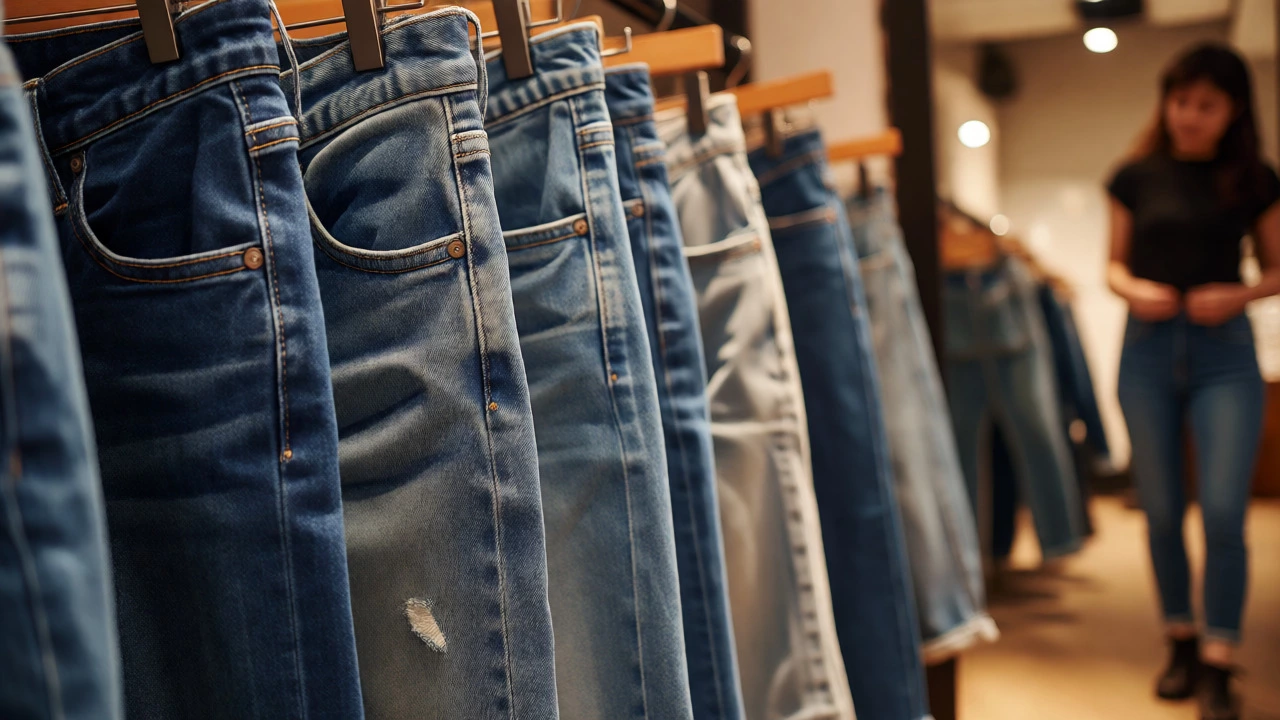 Close-up of various denim jeans textures hanging in a fitting room.