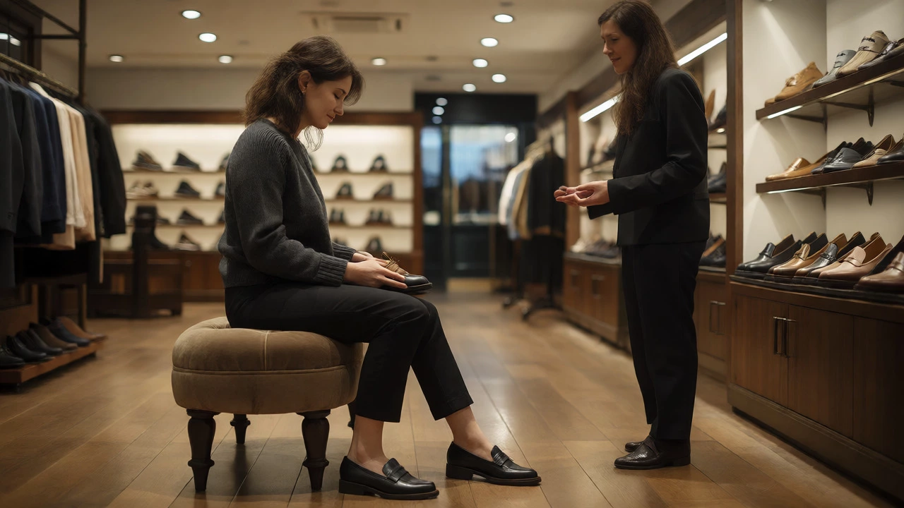Customer trying on loafers in a luxury Irish shoe boutique