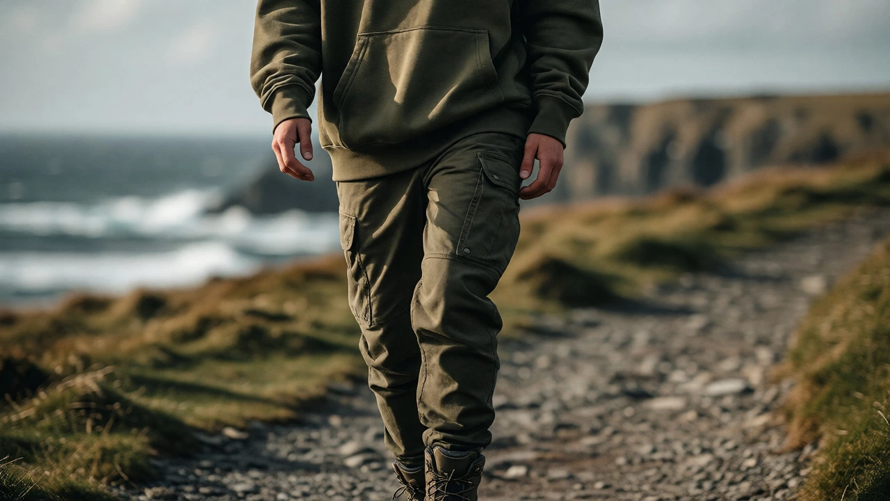 Detail of an olive green hoodie and boots on a windy Irish coastal path.