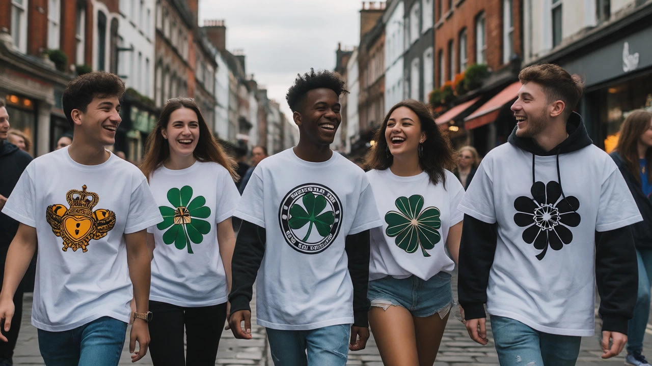Group of friends wearing graphic Irish tees on Grafton Street