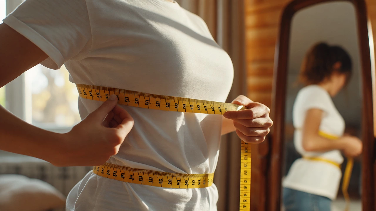 Hands measuring bust with tape measure in front of a mirror