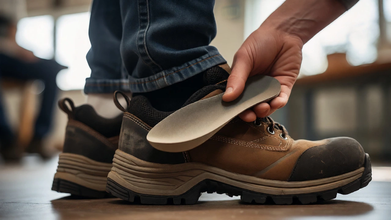 Inserting orthopedic insole into sturdy work boot for support
