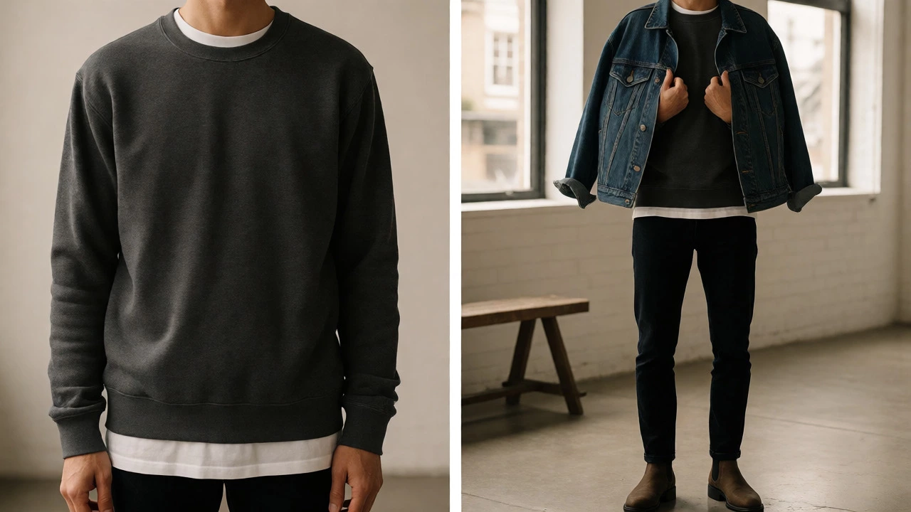 Layered crewneck sweatshirt outfit with denim jacket indoors