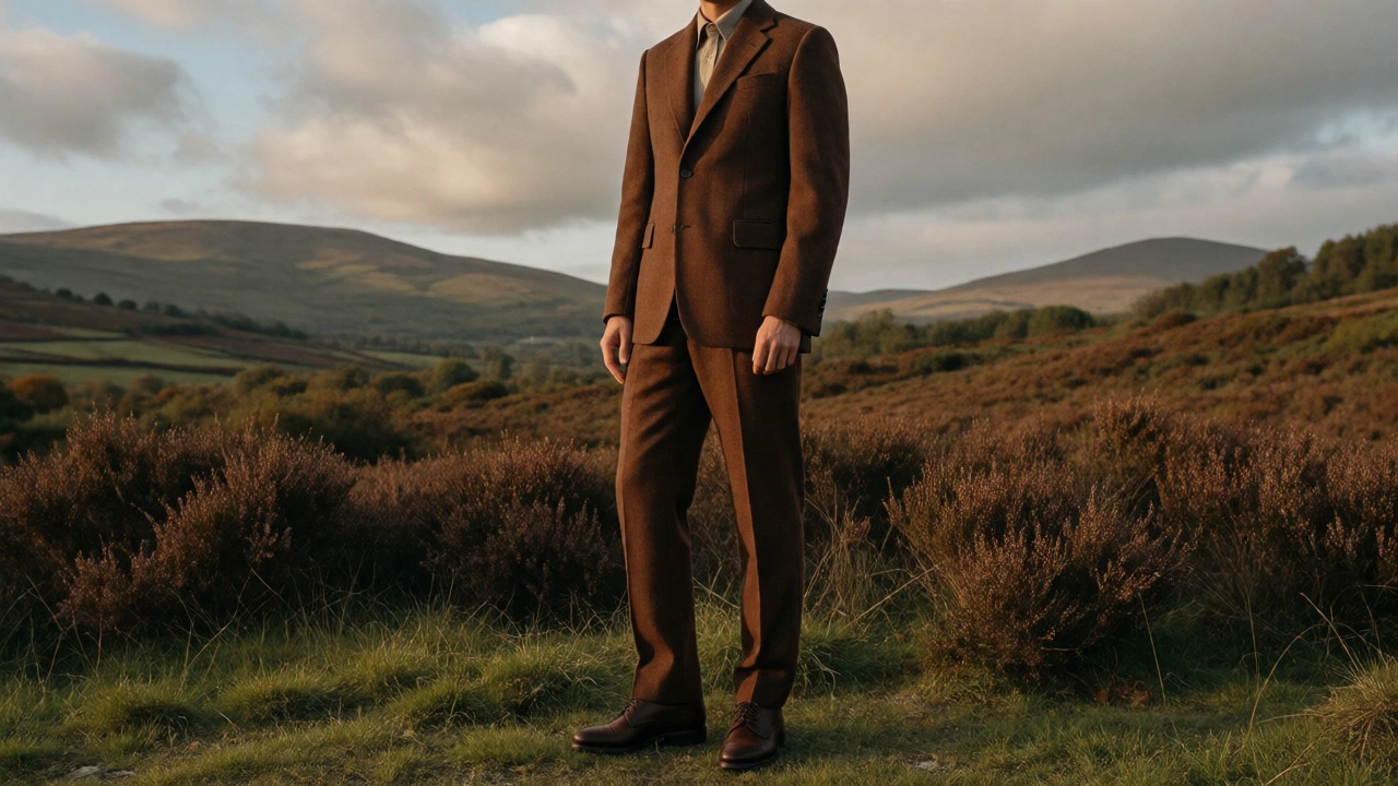 Man in brown flannel suit standing in autumnal Irish countryside