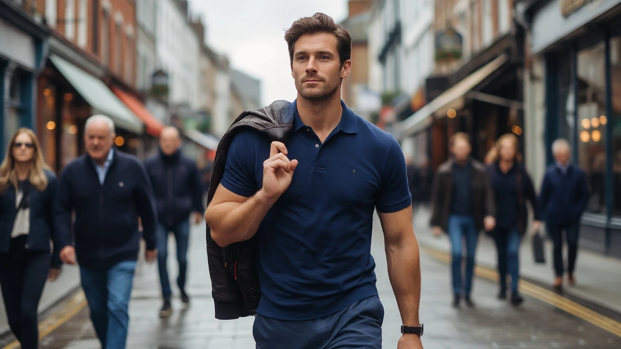 Man in navy polo walking confidently in Irish city