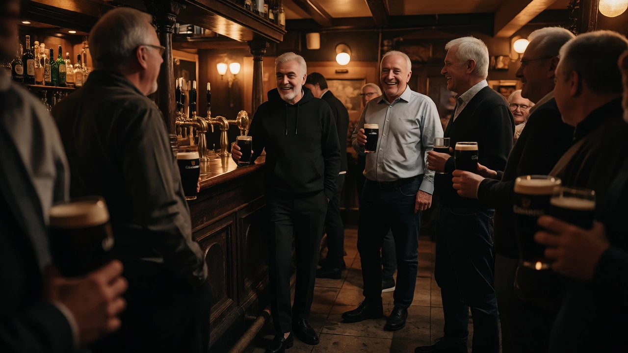 Men in their 50s socializing in Dublin pub, one wearing smart casual black hoodie