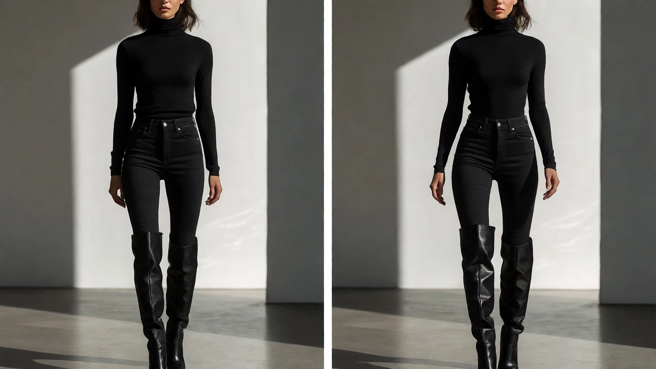 Monochrome outfit showing skinny jeans matched with over-the-knee boots for elongation