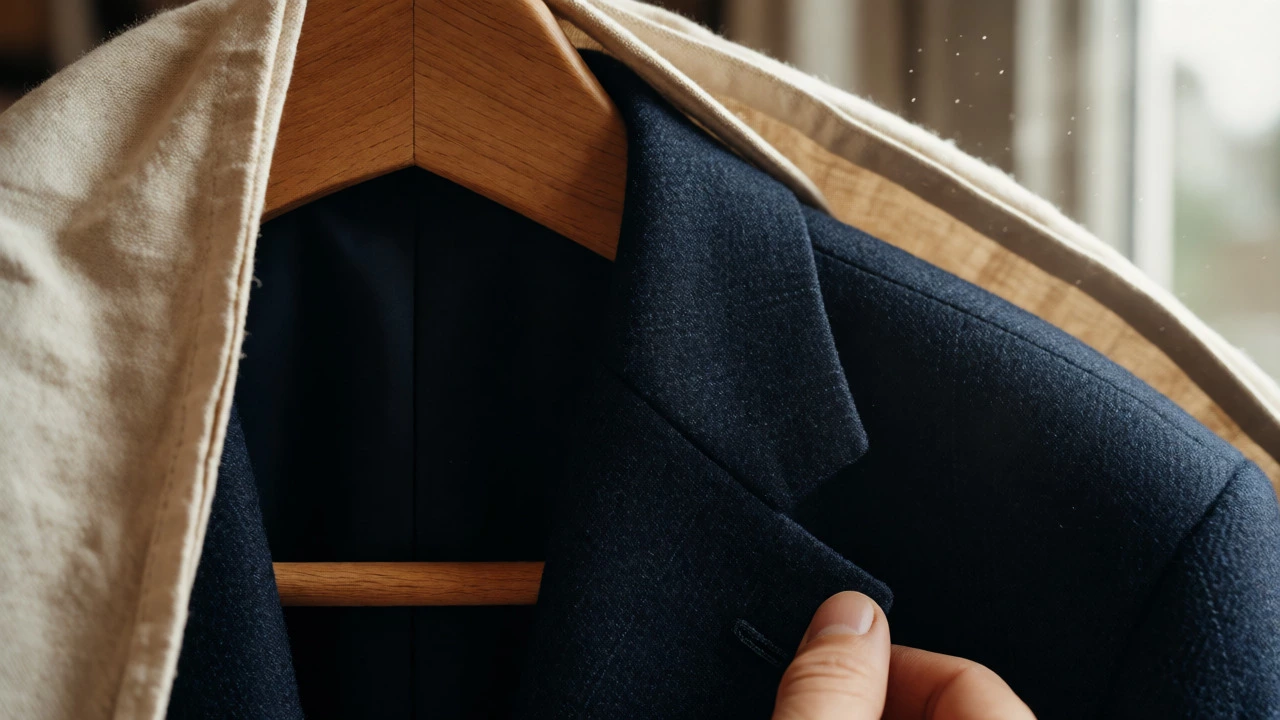 Navy wool suit on wooden hanger in breathable cotton bag