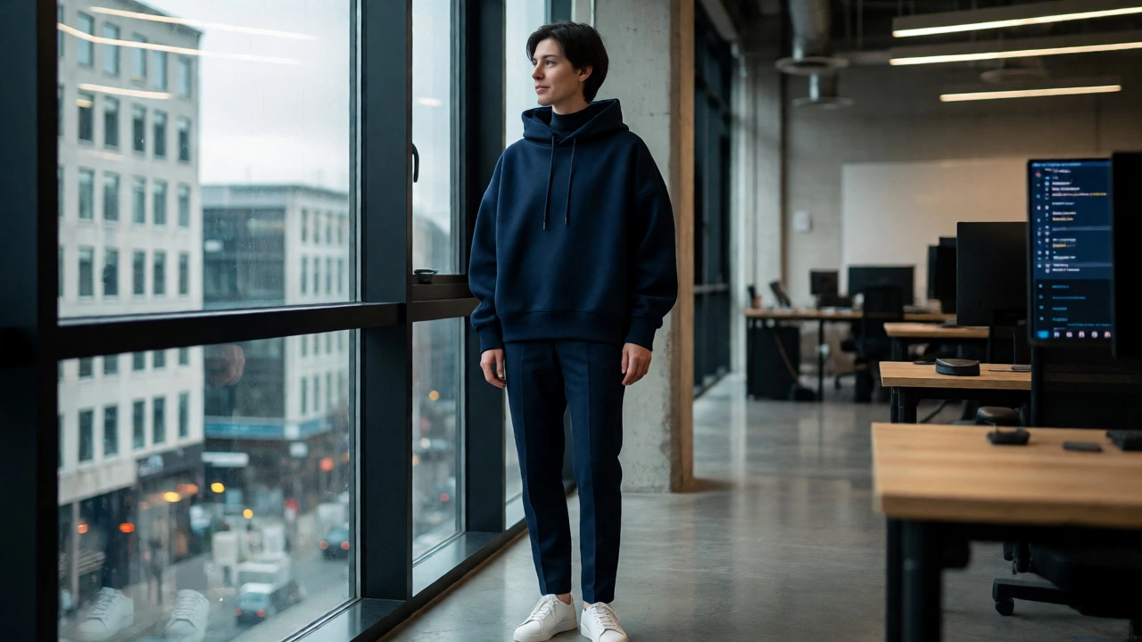 Professional wearing a navy baggy hoodie in a modern Dublin tech office.