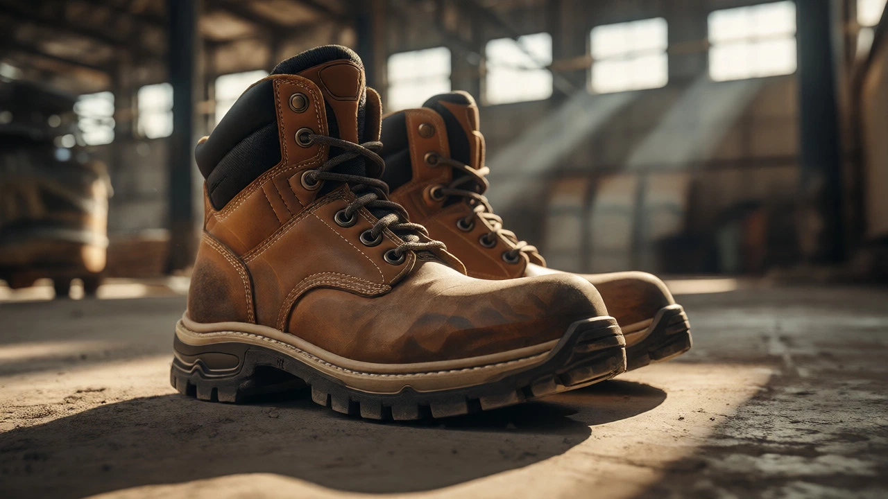 Safety boots with orthotic insoles on concrete floor