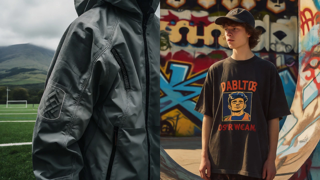 Split view comparing technical athletic fabrics in nature versus urban streetwear culture and branding.