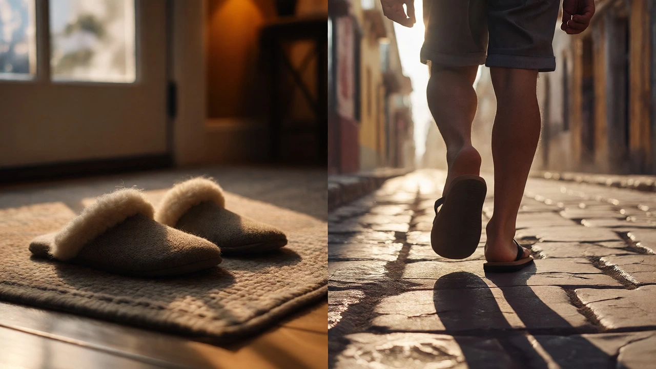 Split view showing cozy indoor pantuflas on a rug and outdoor chanclas on a street.