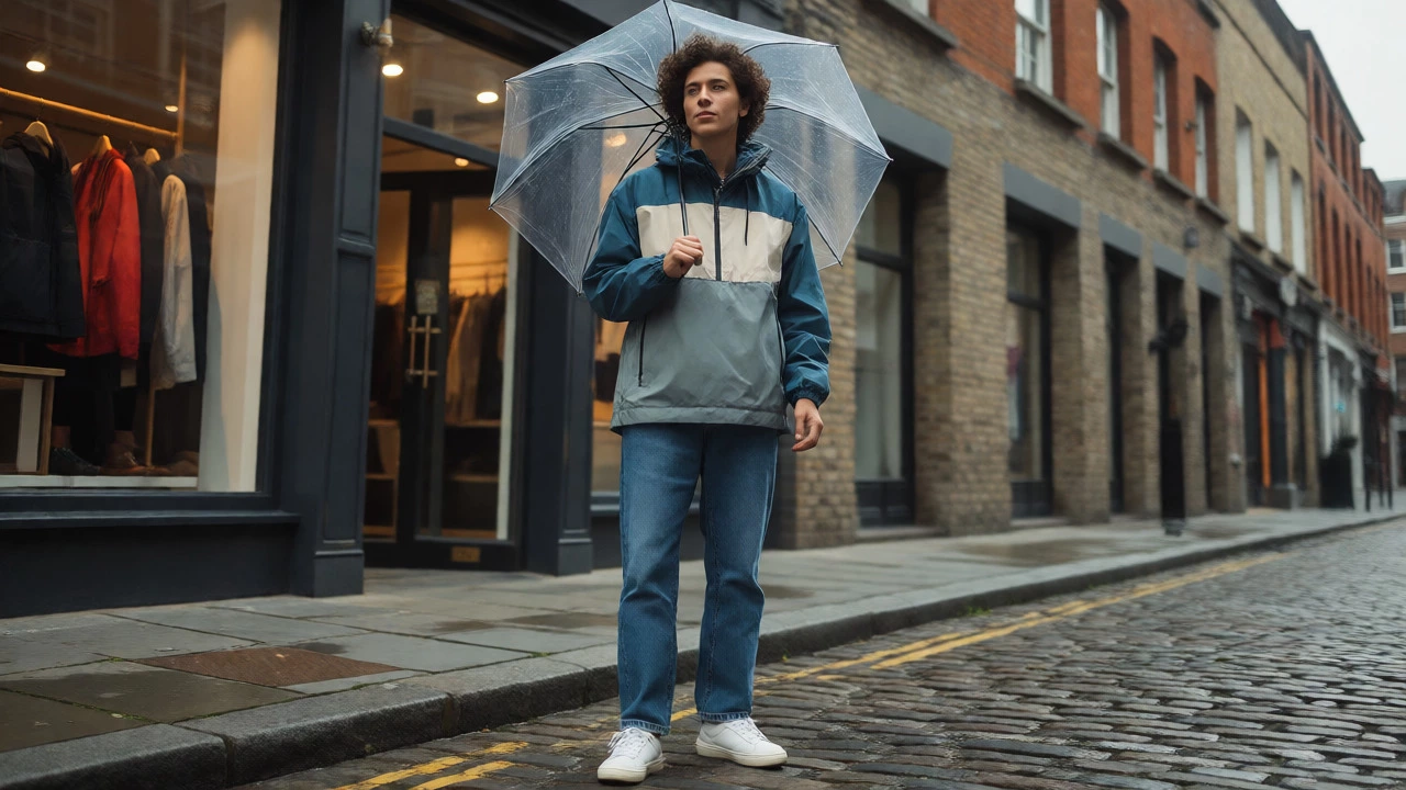 Stylish person in Dublin wearing a hybrid outfit combining a technical windbreaker with casual street jeans.