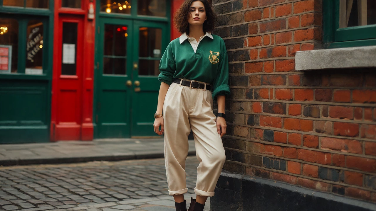 Stylish woman in vintage green rugby jersey near Temple Bar
