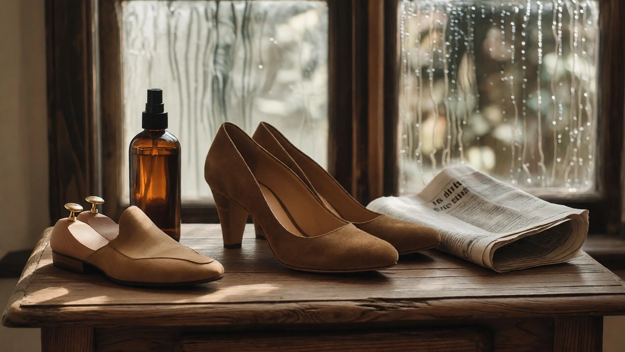 Suede pumps and care products arranged on a rustic table