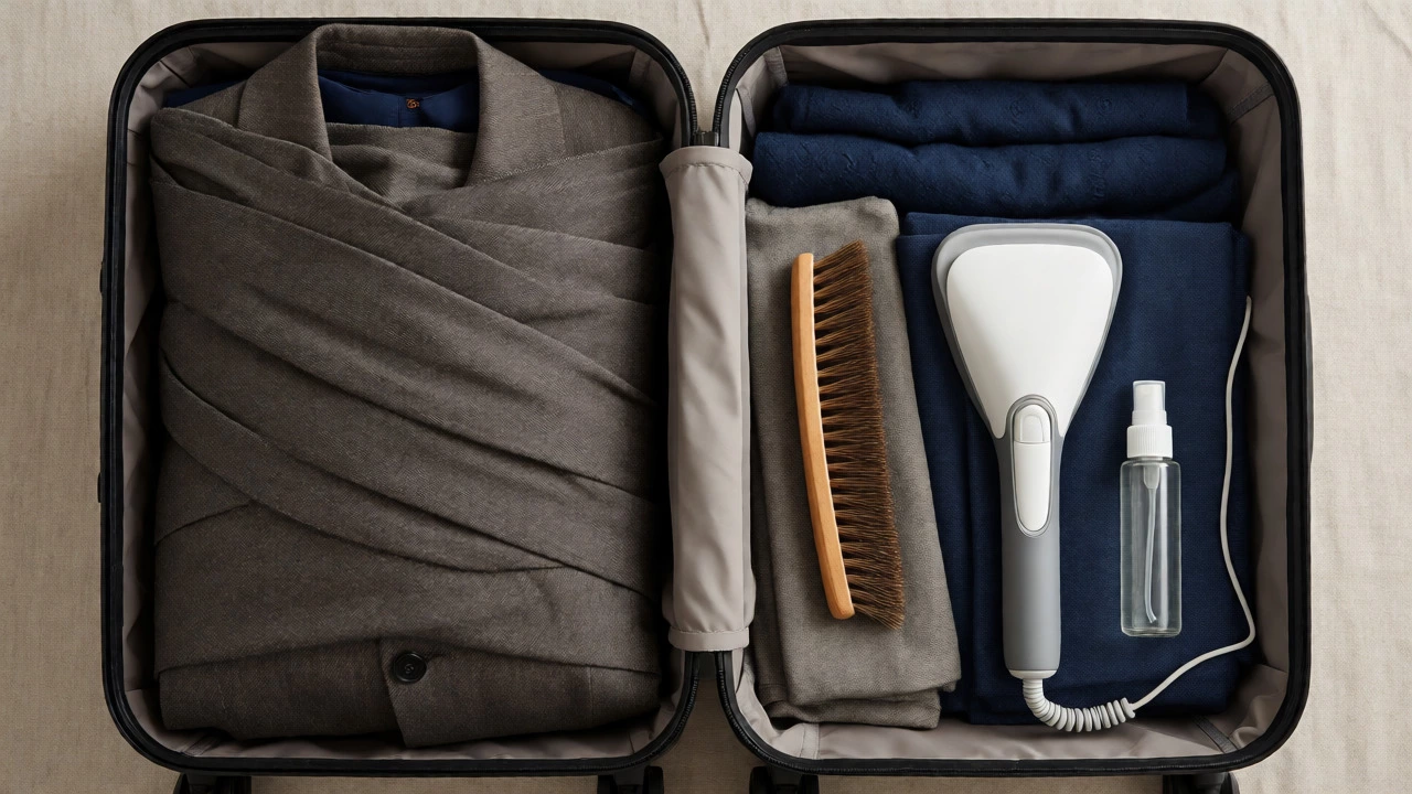 Suitcase packed with bundle-wrapped suit and care tools