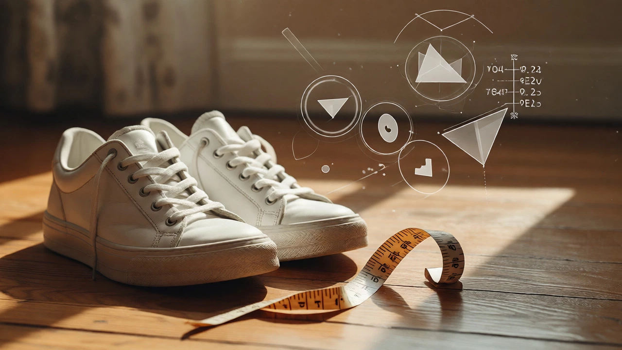White sneakers with measuring tape illustrating shoe sizing