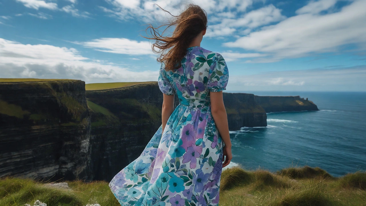 Woman in floral turquoise dress standing near Irish coastal cliffs