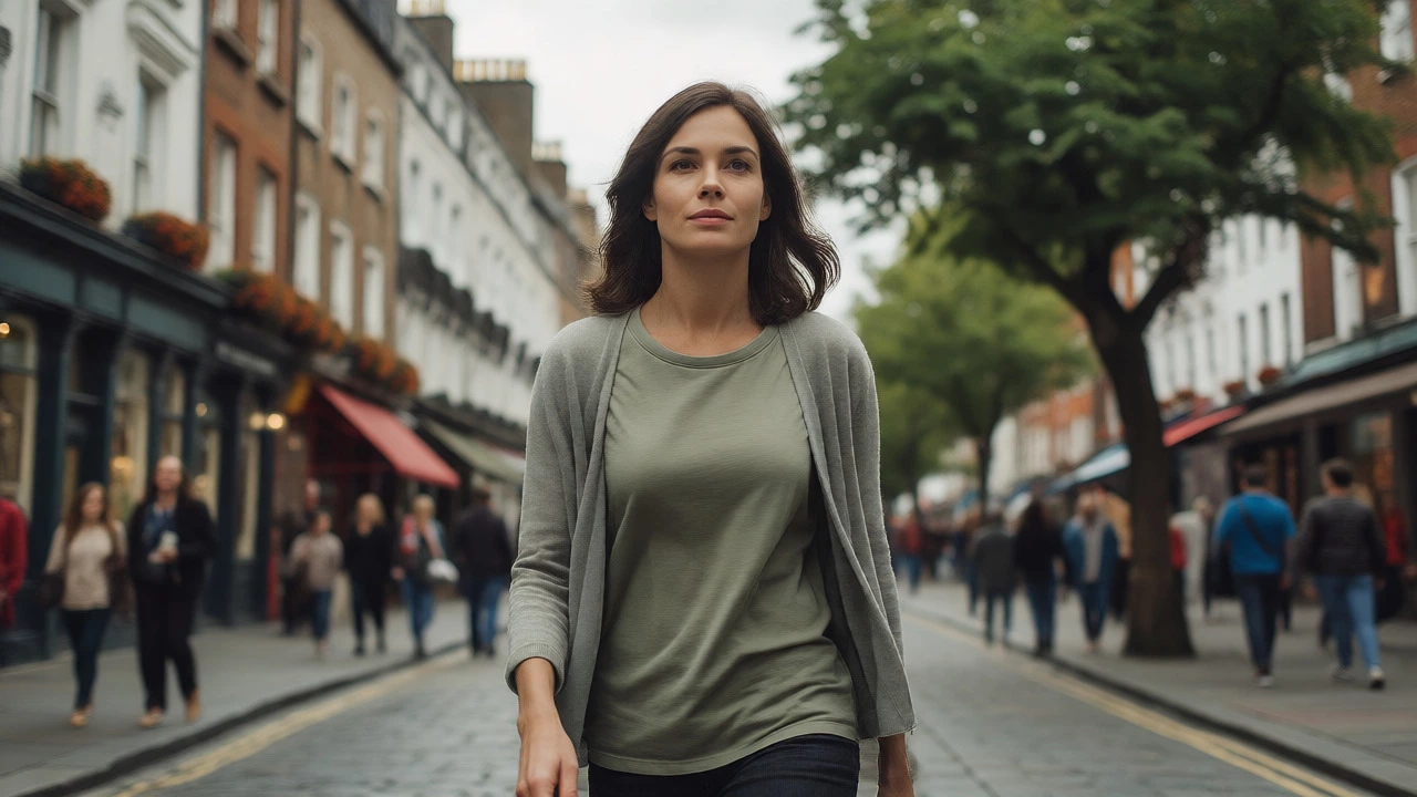 Woman wearing a fitted tee walking on Grafton Street Dublin