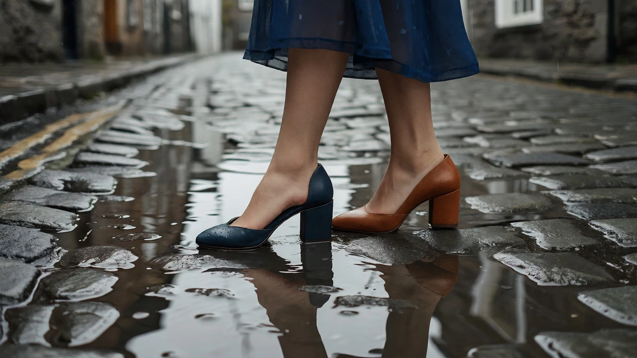 Woman wearing block heels on wet cobblestones in rainy Galway