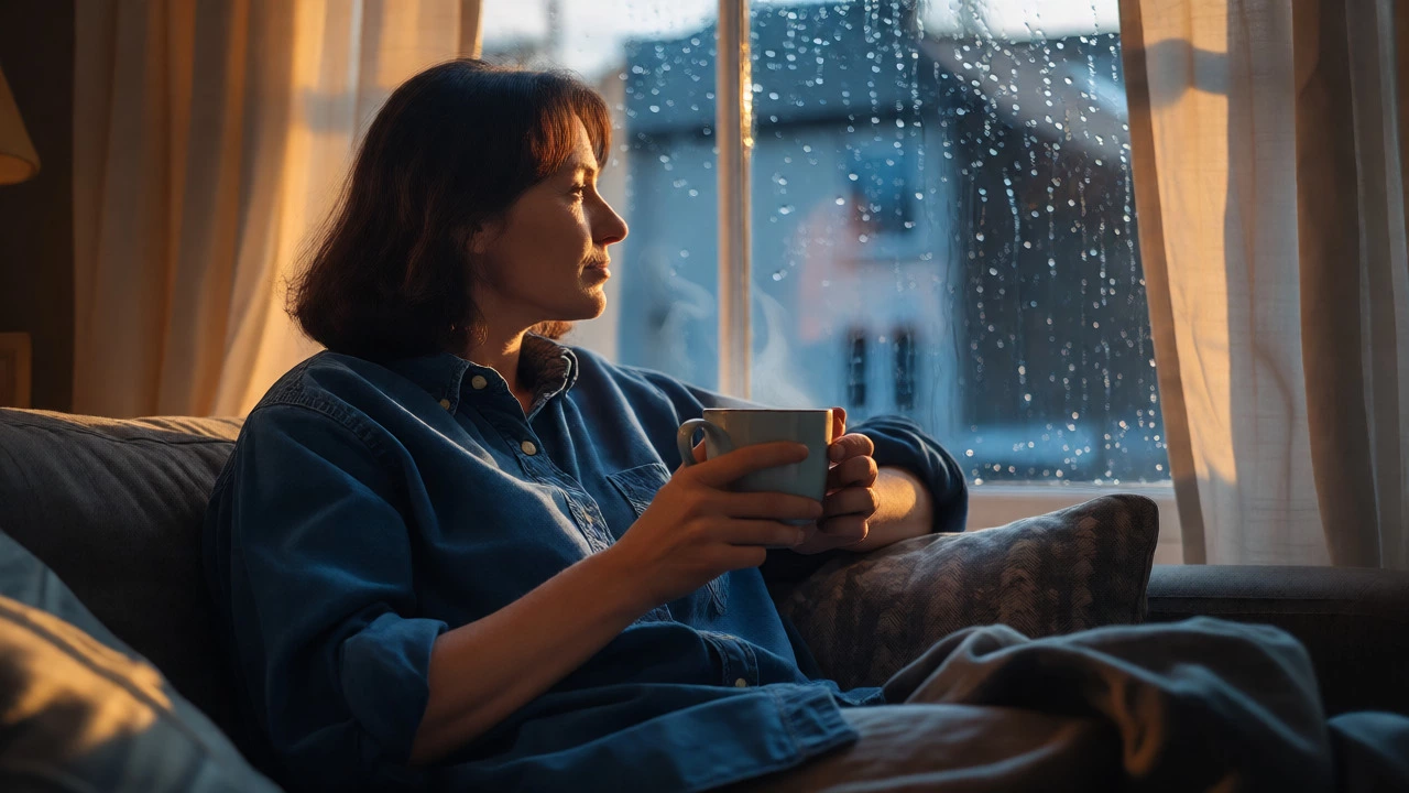 Woman wearing heavy men's shirt indoors while it rains outside