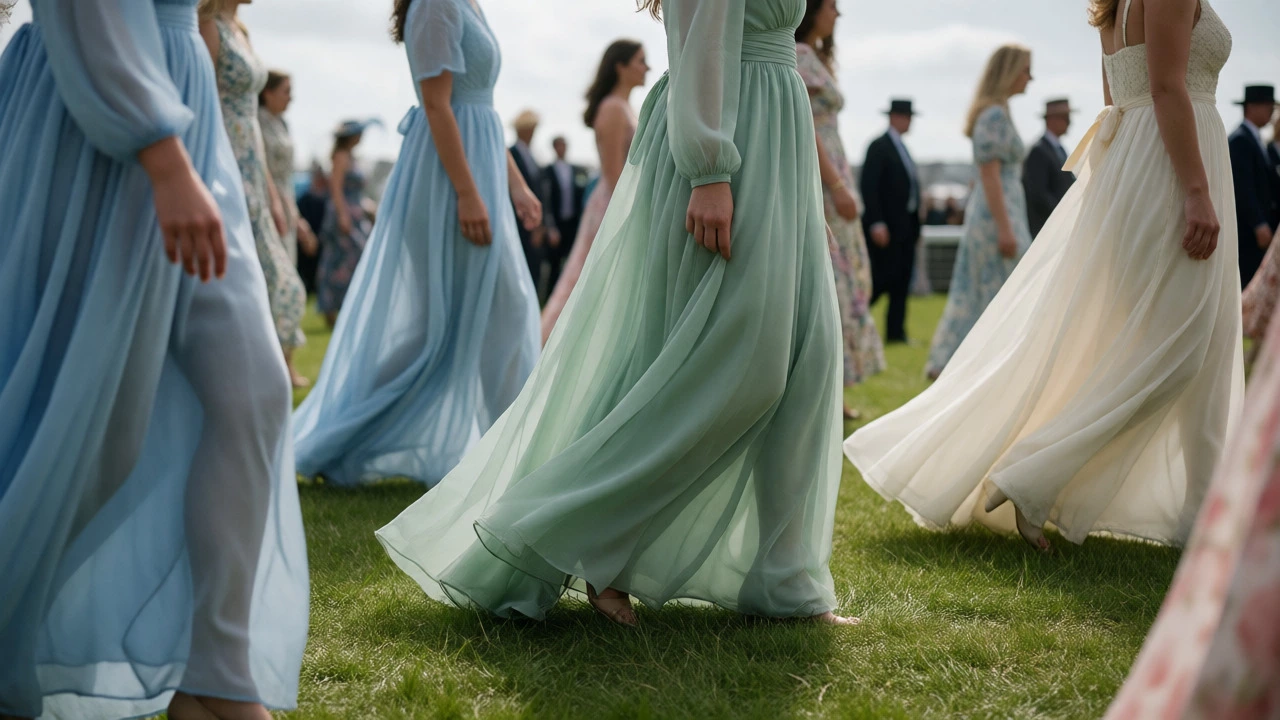 Women in flowing maxi dresses walking through a grassy racecourse field