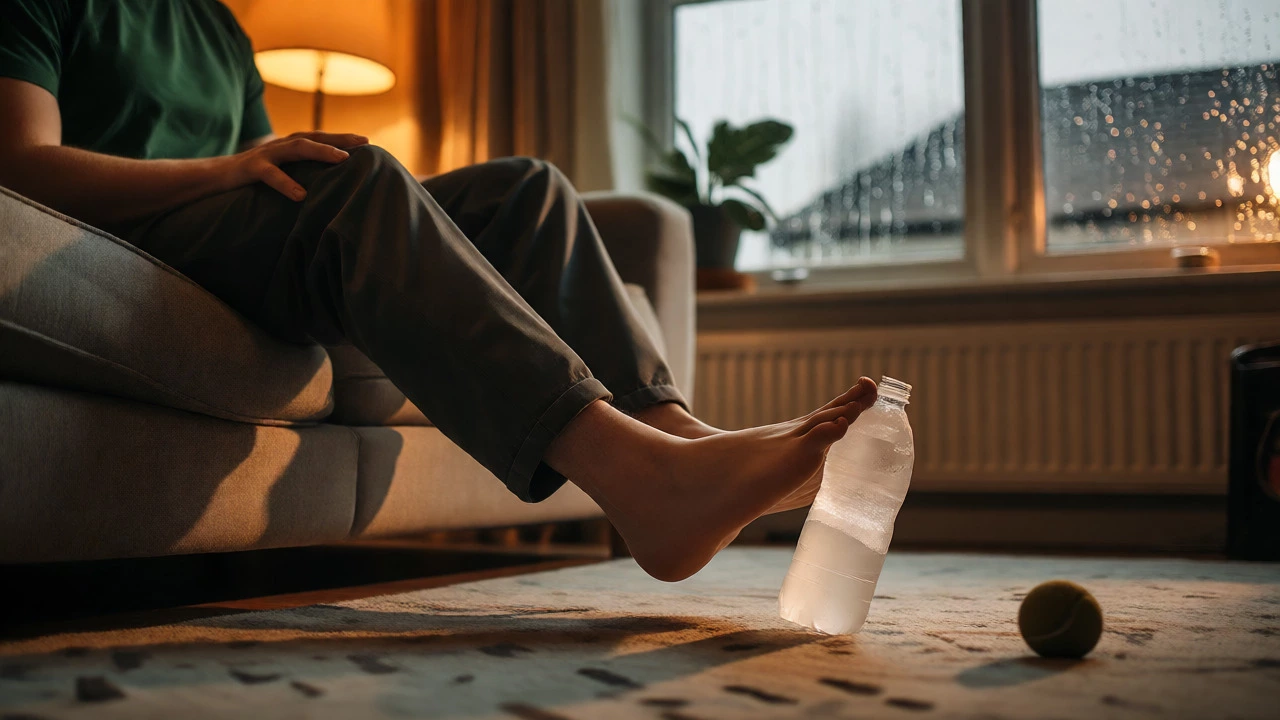 Worker rolling frozen bottle under foot for recovery at home